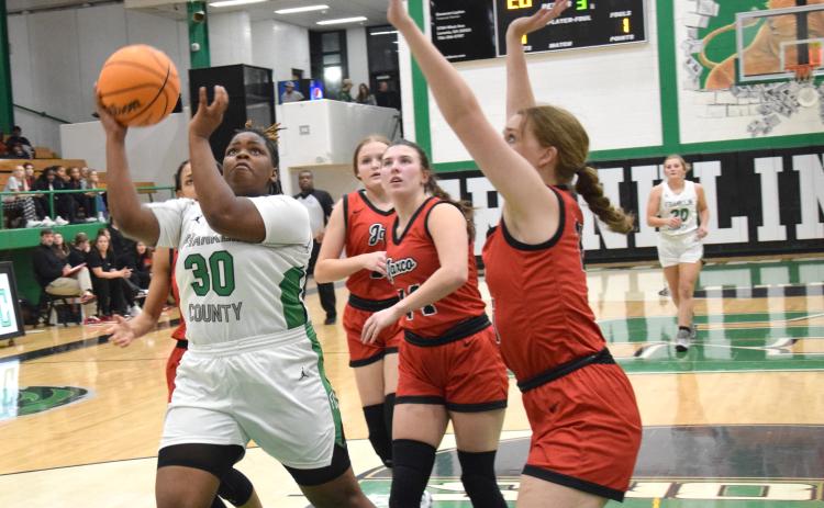 Myah Strange puts up a shot against Jackson County in action Friday in the Lion’s Den. She scored nine points in the game despite missing time due to injuries. (Photos by Scoggins)