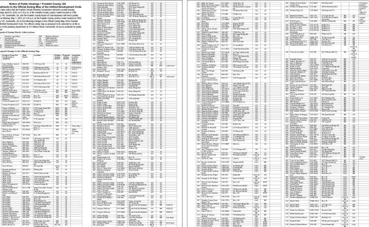 Franklin County is advertising 568 changes to its zoning map that will go before the Planning Commission April 20 at 5:30 p.m. at the Franklin County Justice Center.
