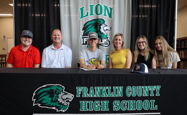 Will Wester (center) signed to continue his fishing career with the Emmanuel College Bass Fishing Team next year. Pictured are (from left) brother-in-law Will Freeman, father Eddie Wester, Will, mother Delina Wester, sister Jade Freeman and girlfriend Rylee Sosebee.