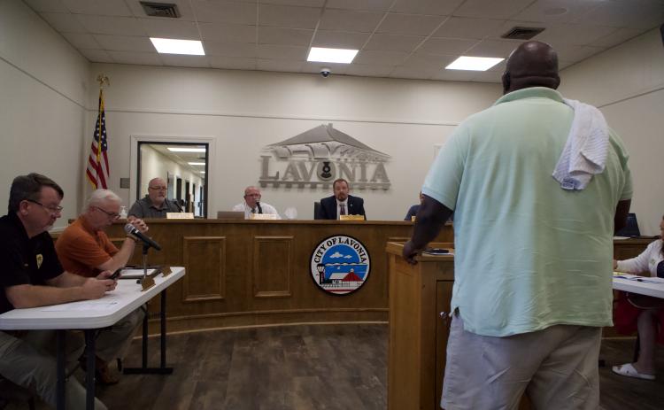 Mayor Courtney Umbehant, members of the Lavonia City Council and city officials responded Monday to questions and concerns about a permit denied by the Lavonia Police Department for a weekend block party and policing during the event. (Photo by Raese)