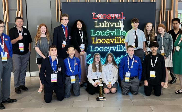 FCMS TSA members attending the 45th National TSA Conference in Louisville, Ky., were (above, front, from left) Allen Tollison, Andrew Nguyen, Zoey Bohannon, Autumn Mealor, Ethan Kendrick, Lisandro Eacanuela, (back) Jewels Kennedy, Noah Roberson, Kate Graham, Taylor Haley, Emma Maisonneuve, Rob Tate, Brooke Tate, Jenny Ruth Stephenson, Daniel Tran and advisor Heather Elo.