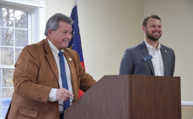 State Rep. Alan Powell (left) and State Sen. Bo Hatchett spoke Friday at the Franklin County Chamber of Commerce’s Policies and Pastries event.