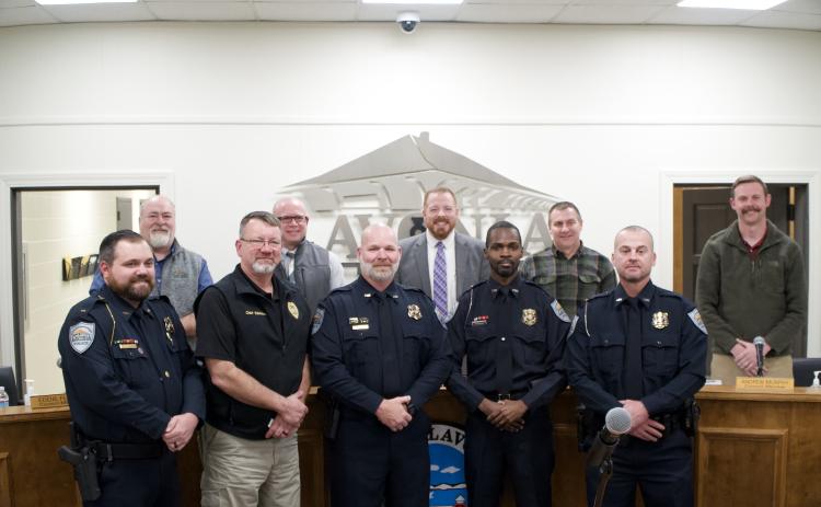 Lavonia Police Chief Shane Edmisten recognized four officers Monday for their promotions and the hard work of the department during his first year at the Lavonia Police Department.