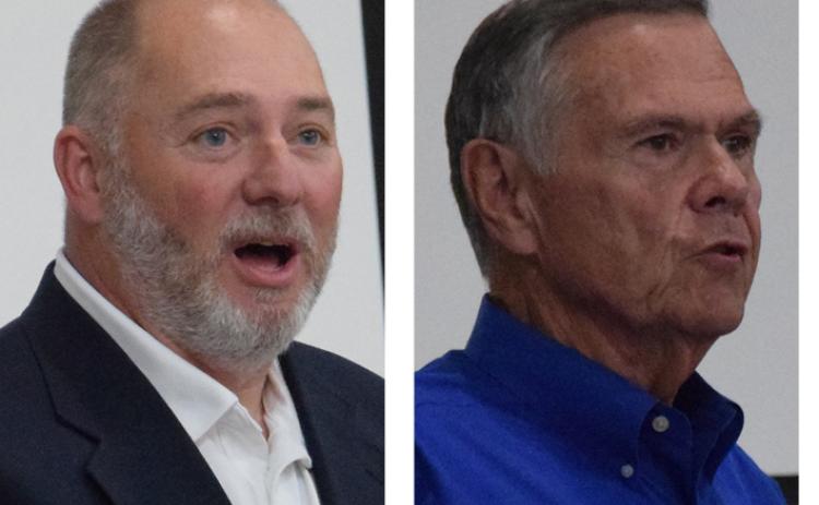 Jason Oliver (left) and Gary Minyard (right), both candidates for the Post 1 seat on the Franklin County Board of Education, spoke and answered questions at  the  Republican Party candidates’ forum March 23 at Franklin County High School.