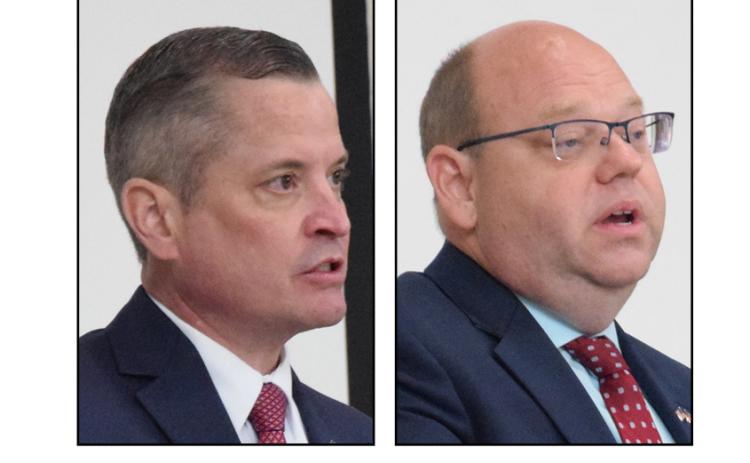 Northern Judicial Circuit District Attorney candidates Parks White (left) and David Jordan spoke and answered questions March 23 at a Republican Party forum at Franklin County High School.