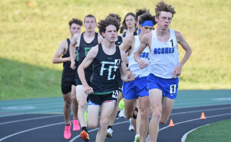 Lion Will Gipson runs just off the lead in the Region 8AAA 3,200 meter run last week at Jeff Davis Field at Ed Bryant Stadium. Gipson will be back on the track Saturday in the state sectional meet being hosted by FCHS. (Photos by Scoggins)