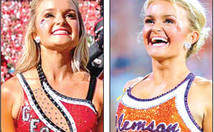 Baylie Jade Phillips has seen the Georgia-Clemson rivalry from both sides. Phillips attended Clemson and twirled with the school’s Tiger Band (right photo) before transferring to the University of Georgia and twirling for the Redcoat Band.