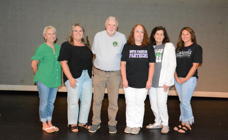 Support Person of the Year honorees were (from left) Phyllis King of FCHS, Hollie Duncan of FCMS, district winner Anthony Hart of the transportation department, Paula Malia of South Franklin Elementary, Elizabeth Potter of Carnesville Elementary and Jamie Simpson of Lavonia Elementary.