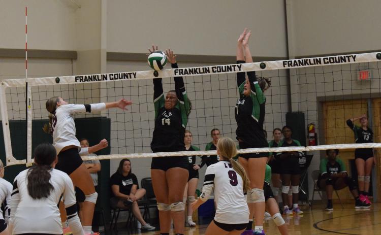 Franklin County Lady Lion Kallie Thrift goes up for a block in action against Chestatee Thursday at Rocky Ford Park. (Photo by Scoggins)