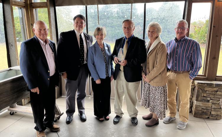 Attending the presentation of the Pioneer in Education Award to Gary Minyard in Cleveland were (from left) Gary Farmer, Franklin County School System Technology Director Dr. Andrew Fowler, Superintendent Melanie Burton-Brown, Minyard, wife Libby  and school board member Kent Hall.