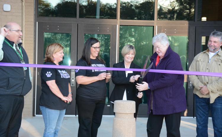 South Franklin Elementary School Assistant Principal Natalie Erskine (from left) and Principal Jamie Hammock look on as Franklin County Schools Superintendent Melanie Burton-Brown and Board of Education Chair Robin Cato cut the ribbon on the new school Thursday just south of Carnesville. (Photo by Eavenson)