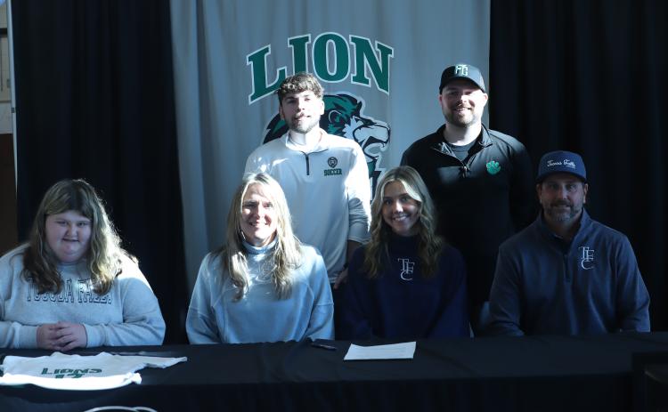 Haleigh Beard signed a soccer scholarship to play for Toccoa Falls College next year. Pictured at the ceremony Thursday at FCHS are (front, from left) sister Haven Beard, mom Melissa Beard, Haleigh, dad Ryan Beard, (back) Assistant Coach Chandler Childs and Head Coach Conner Irvin. (Photo courtesy of Franklin County High School)
