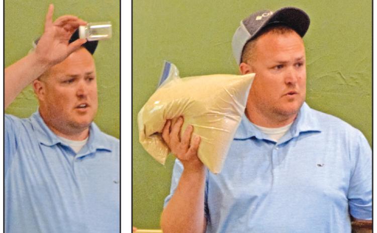 Franklin Springs wastewater operator Brandon Fitzgerald holds up a small vial (left photo) to show the amount of pollution left in treated wastewater that is discharged and runs in to the Broad River, versus the amount of pollution found in the river itself (right photo).