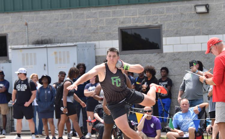 Franklin County track athletes Candler Stone (above), Macy Moore and Will Gipson won Georgia State Championships over the weekend at the state Class AA track meet in Commerce. Stone won the  shot put.  (Photos by Scoggins)