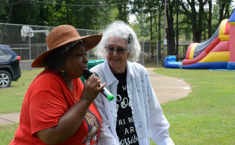 LAVONIA – Franklin County Juneteenth event organizer Linda Barnes (left)  talks with long-time Lavonia resident LaNora Andrews Saturday at the federal holiday’s ceremony held at Spring Street Gym in the Springview Heights community. Andrews recalled when she was given the key to the gym. Other speakers and a history presentations were made during the event.