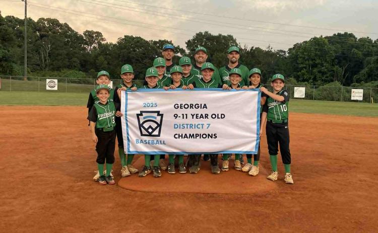Franklin County Little League’s 9-11 All-Star team won the District 7 championship and will begin play in the state tournament July 5. Team members are Christopher McLendon, Dank Crane, Karson Adams, Will Oliver, Gavin Harris, Hayden Harvey, Greyson Stovall, Wyatt Veal, Rhett Davison, Brentley Hewatt and Teller Cabe. Cody Oliver is the team’s manager, and Galen Adams and Will Cabe are coaches.