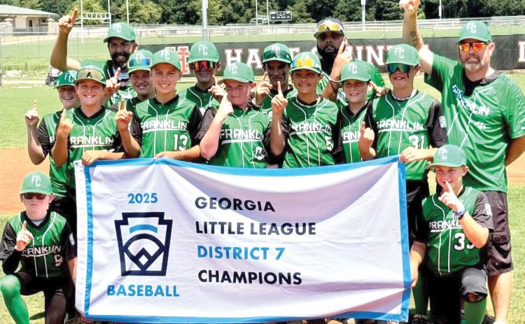 Members of the Franklin County 12-and-Under All Stars are Brooks McGee, Knox Richardson, Caden Freeman, Aydan Threlkeld, Kysen Dove, Boston Kilgore, Wyatt Veal, Rylen Haley, Jayson Lipscomb, Max Westbrook, Tyson Fuller and Cooper Pardue. The team is managed by Kristopher Dove, who is assisted by coaches Myca Richardson and Larry Ballenger. (Photo courtesy of Franklin County Little League)