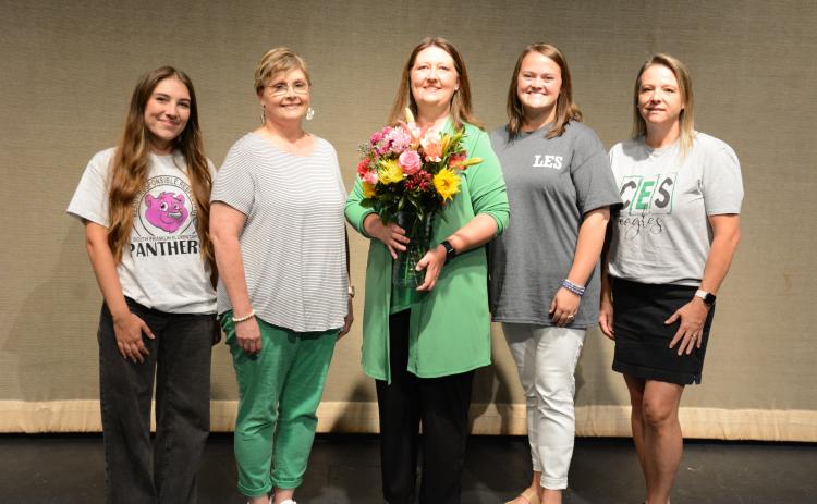 Teachers of the Year recognized Monday were (from left) Ivy Kellerman of South Franklin Elementary; Tammy Melton of Franklin County High School; Karen Moreland for Franklin County Middle School, who was named the district-wide winner; Christy Grizzle of Lavonia Elementary; and Jodi Zayas of Carnesville Elementary. (Photos by Charlie Eavenson)