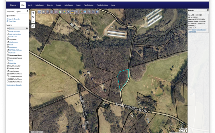 A request to rezone 3.59 acres (bordered in white) on Rose Conley Road from Rural Residential to Heavy Industrial zoning was denied Monday by the Franklin County Board of Commissioners. (Map courtesy of the Franklin County Tax Assessor’s QPublic webpage)