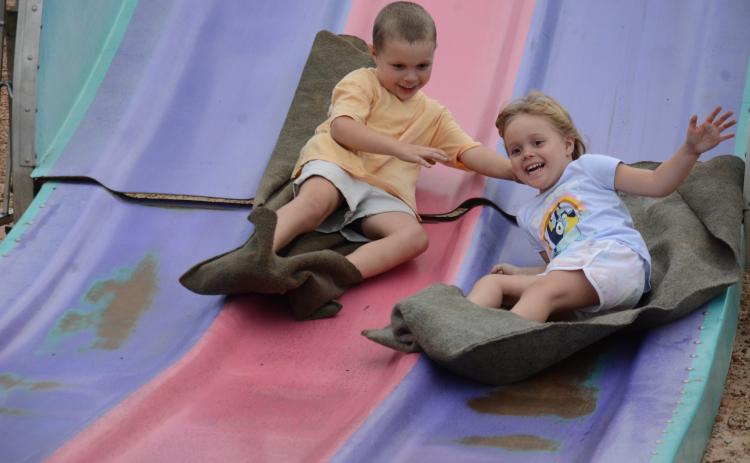 Trent and Tenley Barrett (above photo) enjoyed their trip down the giant slide at the Community Fair in Lavonia this past weekend.