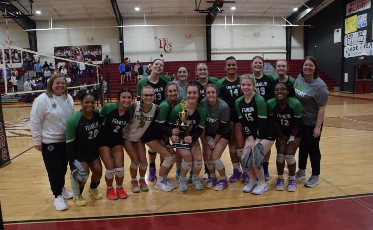The Franklin County Lady Lions celebrate after finishing as runners-up in the Region 8AA volleyball tournament. Members of the team are Mia Altreche, Enslee Stowers, Molly Fitzgerald, Allison Carroll, Bryleigh White, Callie Frady, Chandler Johnson, Epiphany Mayfield, Sydney Carson, Kallie Thrift, Arrihanna Linder, Brooklyn Smith, Avery Burton and Brooklyn Smith. The team is coached by Amber Adams and Erin Burton.