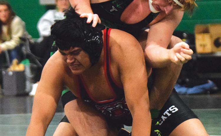 Ramsey Fulbright works to turn a Rabun County opponent during the final home match of the season Tuesday in Carnesville. (Photo by Shane Scoggins)