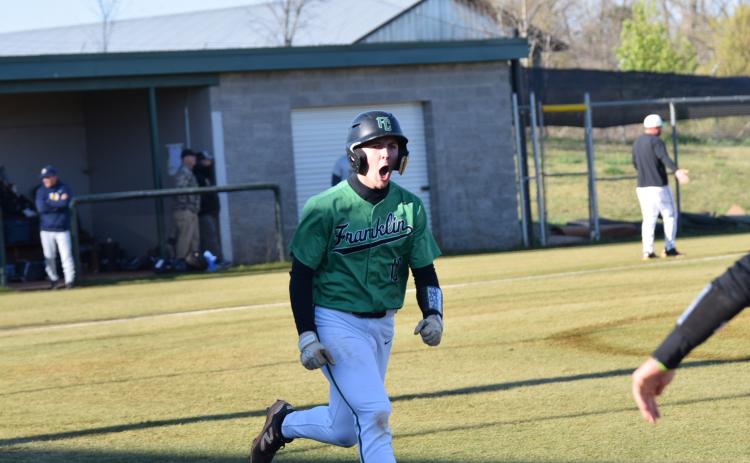 Easton Gailey celebrates after his third home run in the past two games in a contest against Prince Avenue Tuesday in Carnesville. (Photos by Shane Scoggins)