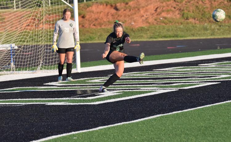 Olivia Shelton launches the ball during a goal kick in Tuesday’s 2-1 Lady Lions’ victory over Seneca at Jeff Davis Field at Ed Bryant Stadium. (Photo by Shane Scoggins)