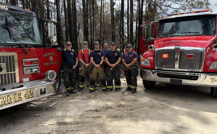 Among the area firefighters helping to battle the South Georgia wildfires are (from left) Gene Davis, Conner Anderson, Isaac Hall, Benji Jones, Sean Cowan and Brady Roberts. Not pictured are Eli Brown, Ryan Vaughn, Jason Williams, Steve Brown, Zach Neese and Landon Bruce. Five of Franklin County’s fire departments sent tanker trucks to be used in shuttling water to Georgia Forestry Commission brush trucks.