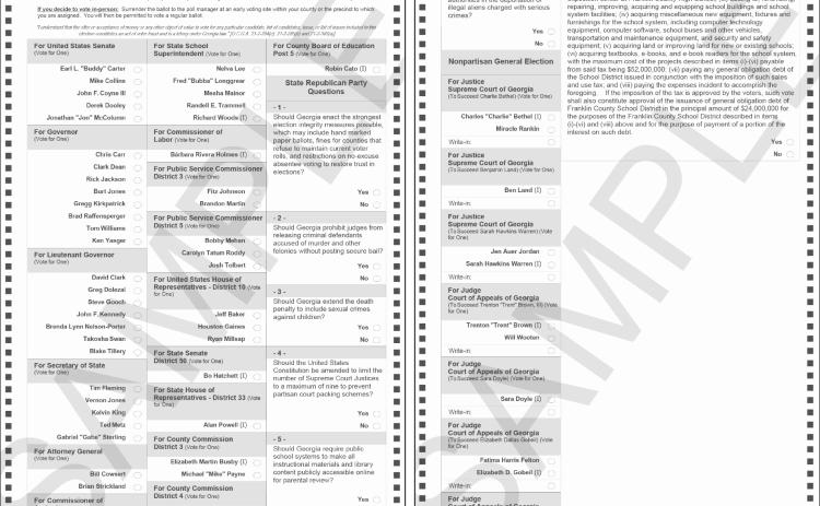Early voting for the May 19 primaries will open Monday at the Franklin County Elections and Registration Office in Carnesville. Voters in the primary will have to choose from the ballots for the Republican primary (pictured) and Democratic primary. All local races are on the Republican ballot.