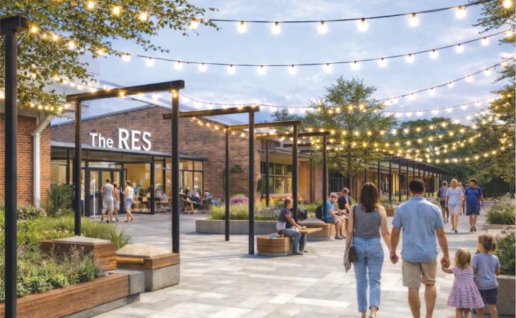 A conceptual drawing shows a plan for the exterior of a new community hub called “The RES” planned at the former Royston Elementary School campus.