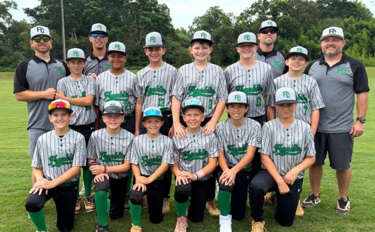 Members of the team are Karson Adams, Dank Crane, Rhett Davison, Gavin Harris, Hayden Harvey, C.J. McLendon, Gavin McGuire, Will Oliver, Teller Cabe, Zayden Stevenson, Grayson Stovall and Wyatt Veal. The team is managed by Cody Oliver, with coaches Galen Adams, Will Cabe and Derrick Harvey. (Photo courtesy of Franklin County Little League)