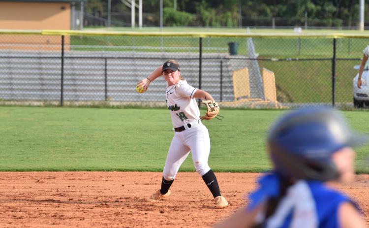Ella Kinder makes a throw to first from her shortstop position for an out against Lake Oconee Academy Thursday at Franklin County High School. (Photos by Shane Scoggins)