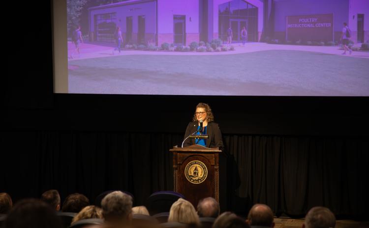 Franklin County native Dr. Linda Purvis is excited about the new poultry science education center being built at UNG’s Gainesville Campus where she is an associate professor of biology and poultry science.  She has been a major proponent of the school having a designated facility to provide hands-on training with equipment students will be using in the industry. Purvis said she still enjoys teaching and having direct contact with the students. (Photo courtesy of Dr. Linda Purvis)