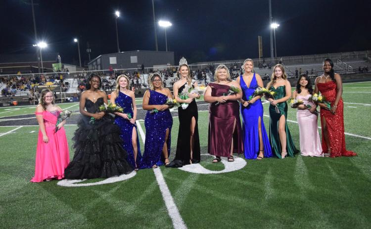 Members of Franklin County High School’s 2026 Homecoming Court are (from left) freshman Cara Lou Hill, sophomore Jyhia Sturghill, junior Sidni Allor, senior Valeria Aragon-Lara, Queen Mia Patterson, senior Mallory Williams, senior Korah Brown, junior Amelia Bennett, sophomore Genevieve Valencia-Sampero and freshman Shaniyah Oglesby.