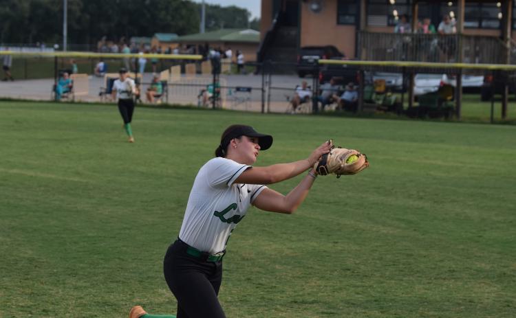 Belle Burgess makes a running catch over her shoulder in a game against Morgan County last week in Carnesville. (Photo by Shane Scoggins)
