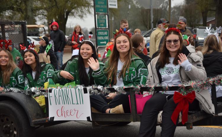 The Franklin County High School Cheerleading Squad (pictured in last year's Lavonia Christmas Parade) will be one of the FCHS teams and organizations set to participate next week in a Homecoming Parade in Royston.