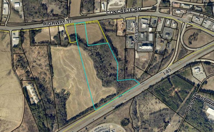 The Lavonia City Council voted Monday to deny a rezoning for a 73-home subdivision on 20 acres (outlined in blue) bordering Highway 17 and I-85 north of Exit 173 intersection. (Map courtesy of Franklin County qpublic website)