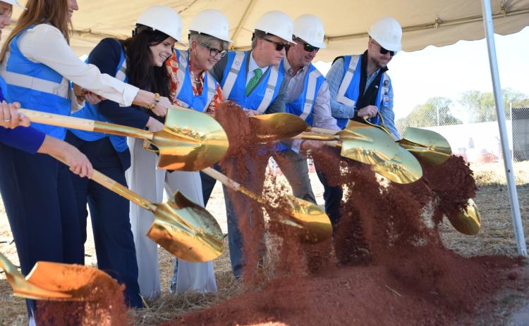 Among those taking part in a groundbreaking for the new Walmart fulfillment center off of Exit 160 on I-85 are (from left) former Franklin County Industrial Building Authority (IBA) President Tonya Powers, Georgia Department of Economic Development Assistant Director of Statewide Projects Elizabeth McLean, Carnesville Mayor Missy Holbrook, Georgia Department of Economic Development Commissioner Pat Wilson, IBA Chairman Lee Moore and Walmart Vice President of NextGen Fulfillment Operations Barat Smith. (Phot
