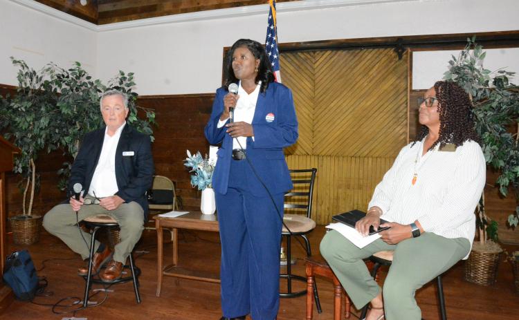 Democratic U.S. Congressional candidate Pamela DeLancy (center) and State Senate candidate Lorraine Thomas (right) spoke Sept. 29 at a forum held at the Royston Depot, which was attended by 70 citizens and emceed by Oconee County Democratic Chairman Harold Thompson (left). (Photo by Charlie Eavenson)