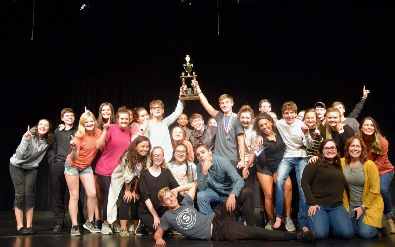 The cast and crew of "Godspell Jr." celebrate after winning the Region 8AAA championship Monday at the Telford Center for the Fine and Performing Arts at FCHS. (Photos by Seth Manus)