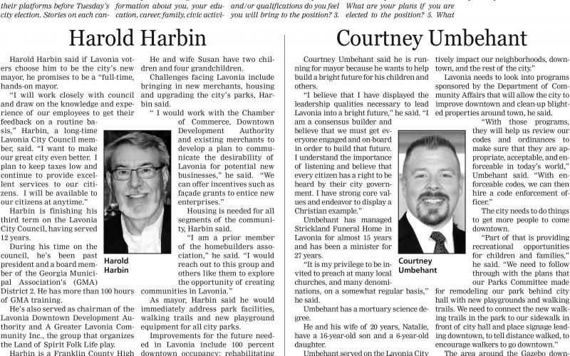 Harold Harbin and Courtney Umbehant are running for Lavonia mayor.