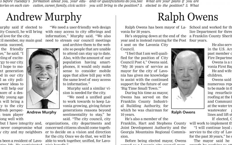 Newcomer Andrew Murphy and current mayor Ralph Owens are seeking the Post 4 seat on the Lavonia City Council.