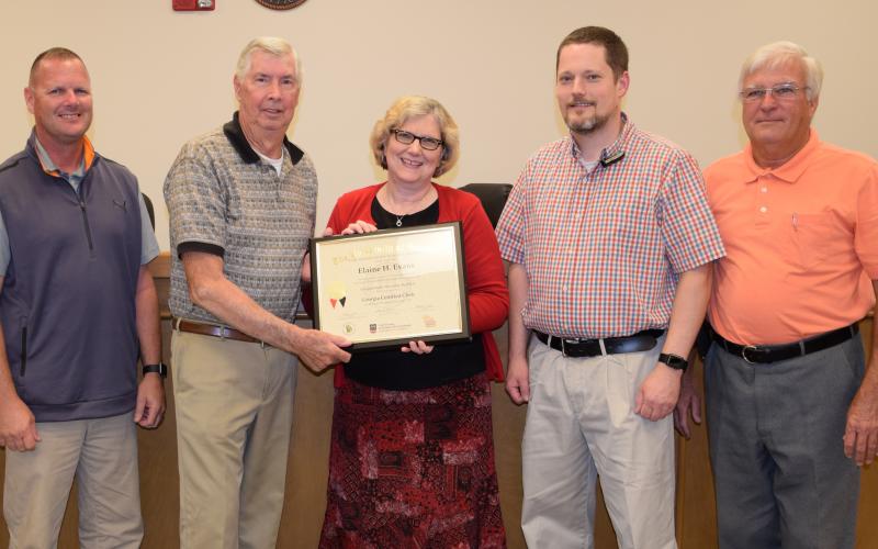Elaine Evans (center) stands with Franklin County Commissioners (from left) Eddie Wester, Thomas Bridges, Jason Macomson and Robert Franklin after receiving her state clerk's certification in 2017. Commissioners voted 3-2 Tuesday not to reappoint Evans as clerk. Not pictured is Commissioner Ryan Swails, who was not a member of the board at the time this photo was taken.