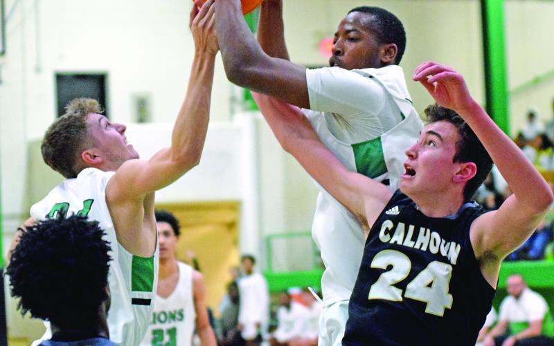 Lions Carter Alexander and JoJo Hughes (above) battle for a rebound against Calhoun Saturday in the Lions Den.