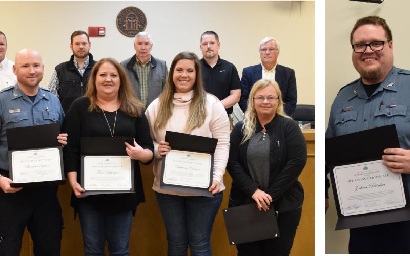 The Franklin County Board of Commissioners honored six emergency workers Monday with Lifesaver Awards. Pictured are (left photo, front, from left) honorees Brandon Gibson, Tara Buffington, Brittany Cannon, Jenny King, (back) commissioners Eddie Wester, Ryan Swails, Thomas Bridges, Jason Macomson and Robert Franklin. Also honored was Joshua Brinker (right in right photo). Not pictured is honoree Randall Whitlock. (Photos by Scoggins)