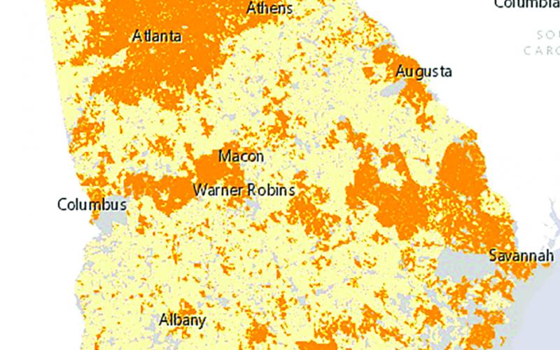 A new map published by the state shows areas with broadband internet access in orange and areas without access in yellow.