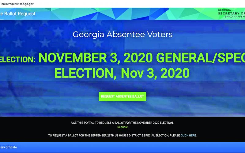 Franklin County and other Georgia voters may use a new state website (above, located at ballotrequest.sos.ga.gov) to sign up to receive an absentee ballot for the Nov. 3 election. (Screenshot of the Georgia Secretary of State’s website portal)