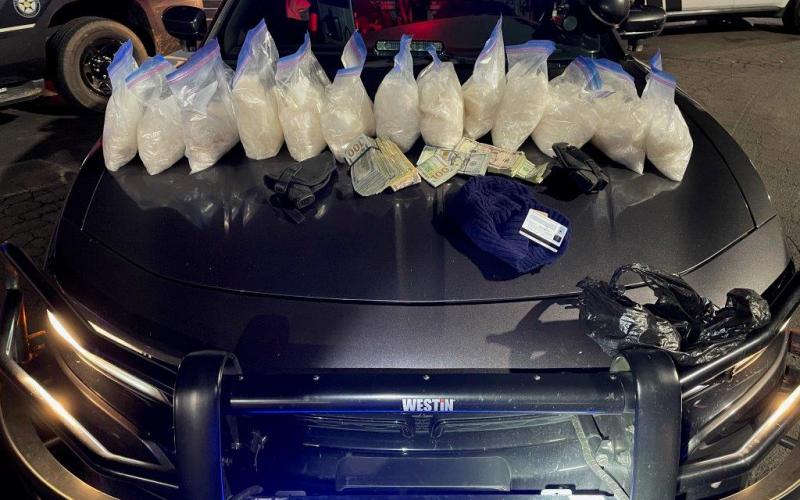 Twenty-eight pounds of methamphetamine with a street value of $200,000 was found during a traffic stop Monday.