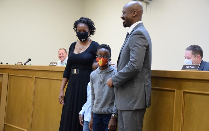 Derrick Turner (right) was introduced Tuesday as the new Franklin County manager. Turner and his family, wife Tamara and sons Andrew and Sean were welcomed by county staff members and county and city elected officials.